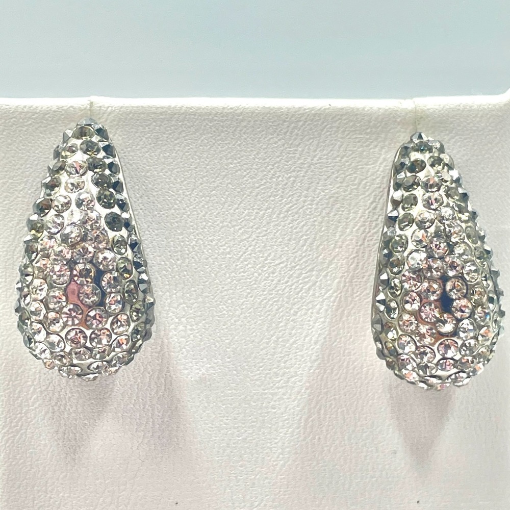 Vintage Y2K Silver Tone Pave Rhinestone Teardrop J Hoop Post Stud Earrings Retro